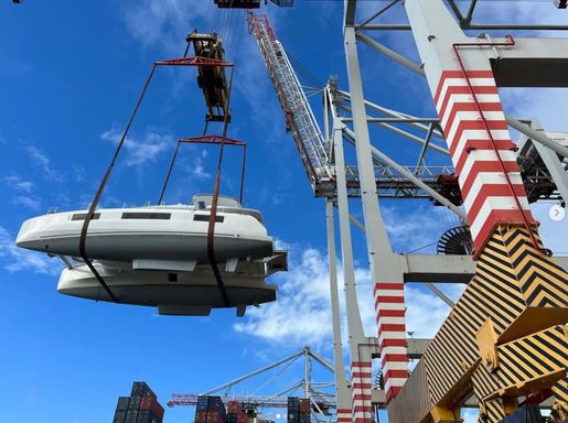 Catamaran transported from shamrock quay to USA shipping transport.